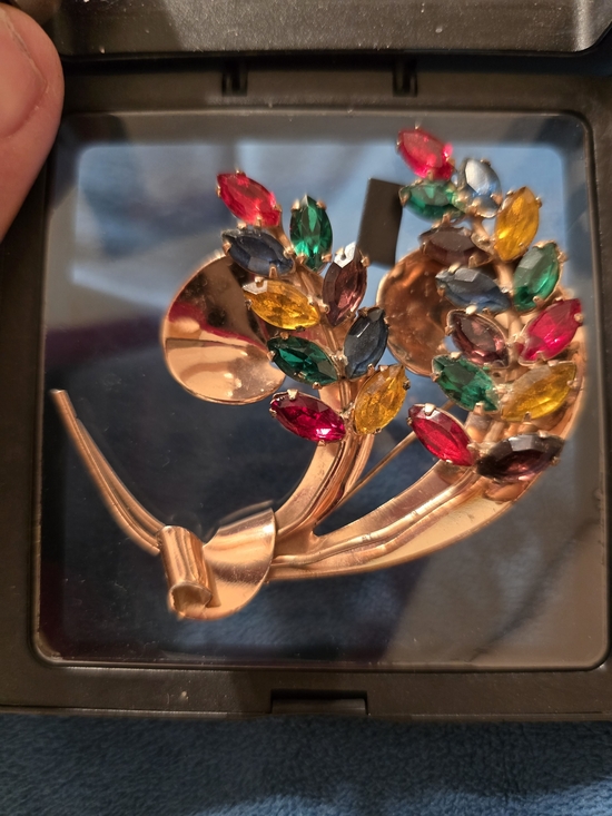 Coro Jewelry - Coro Uranium Glass Gold-Tone Sterling Multicolor Marquise Crystal Floral Brooch